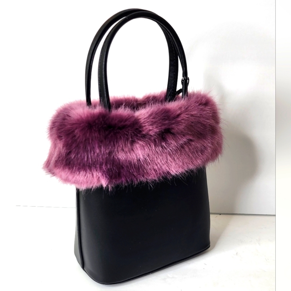 Diophy Women's Top Handle Purple Leather Fur Trim Bucket Purse
